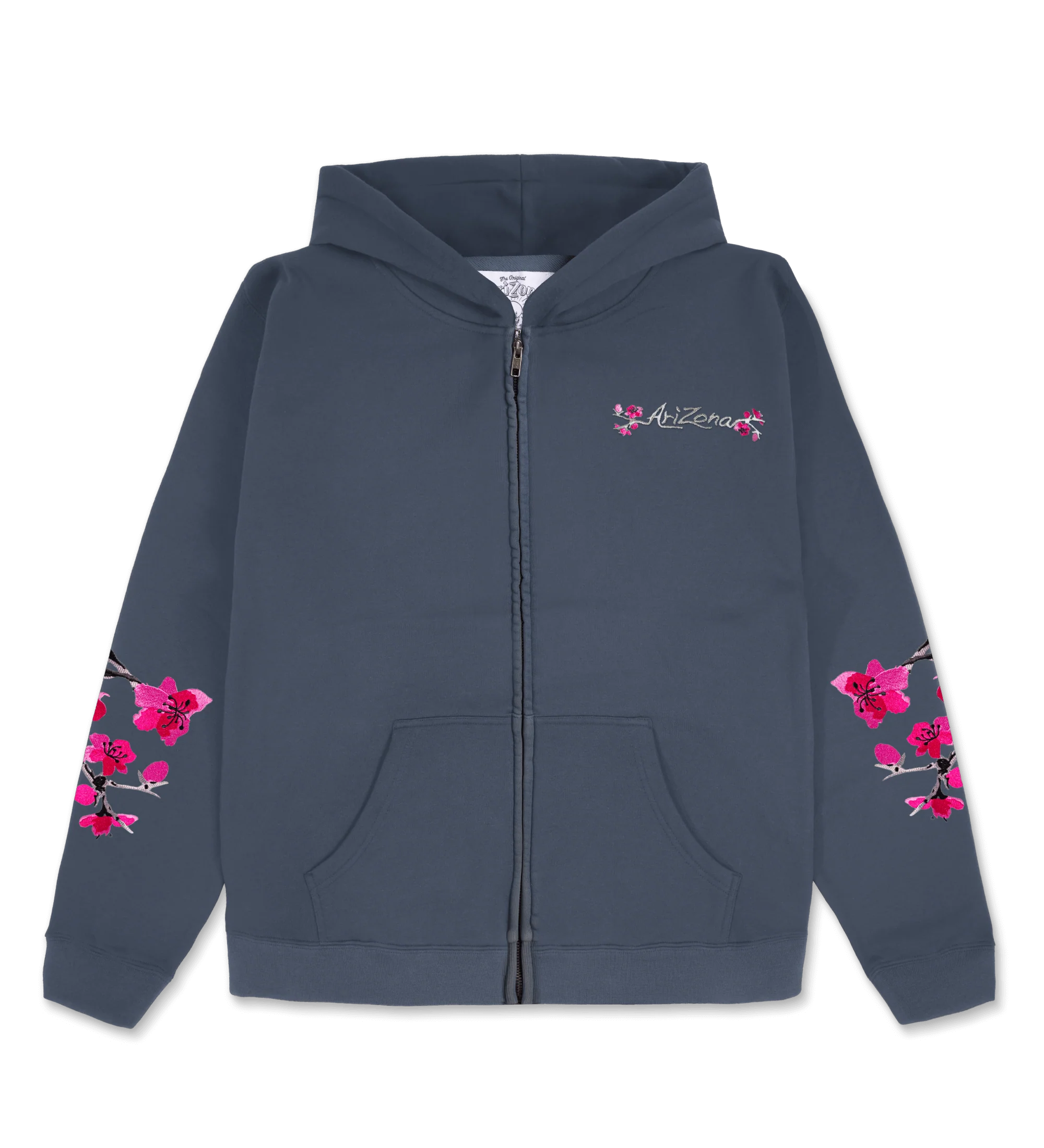 Navy Cherry Blossom-Embroidered Cotton Zip Hoodie