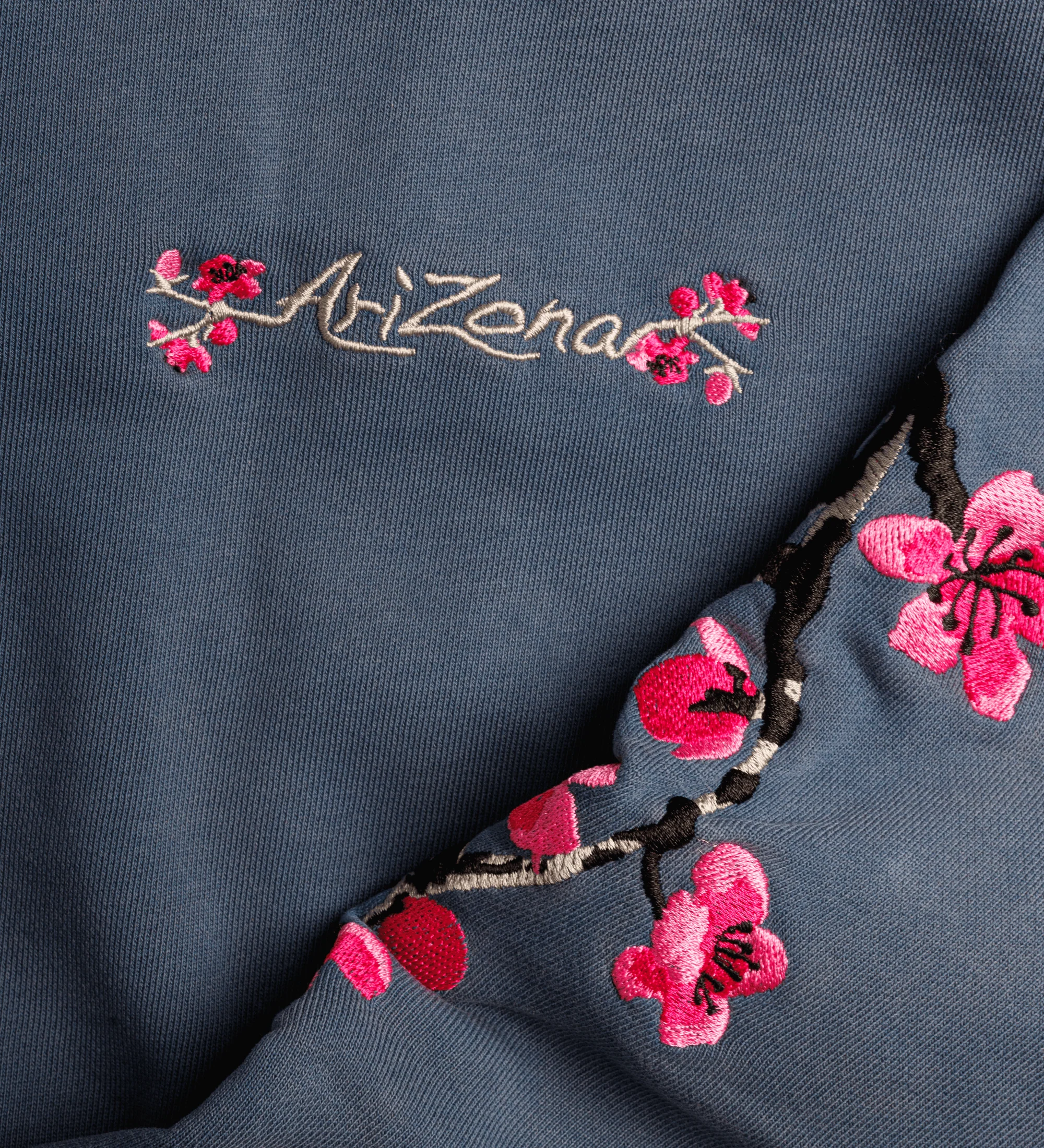 Navy Cherry Blossom-Embroidered Cotton Zip Hoodie