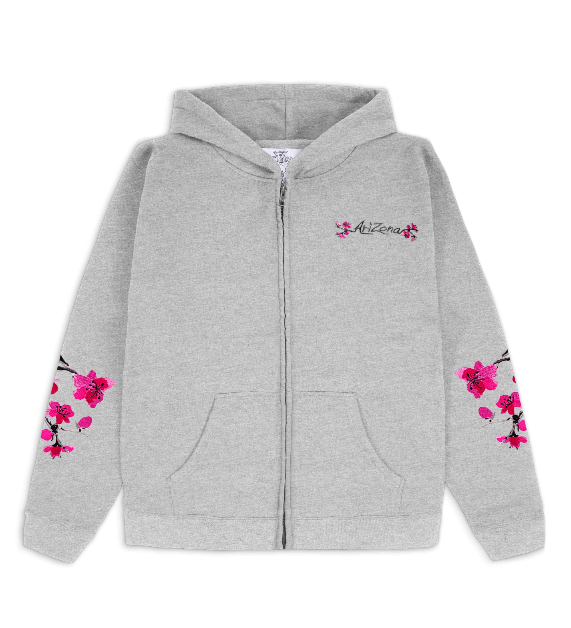 Gray Cherry Blossom-Embroidered Cotton Zip Hoodie