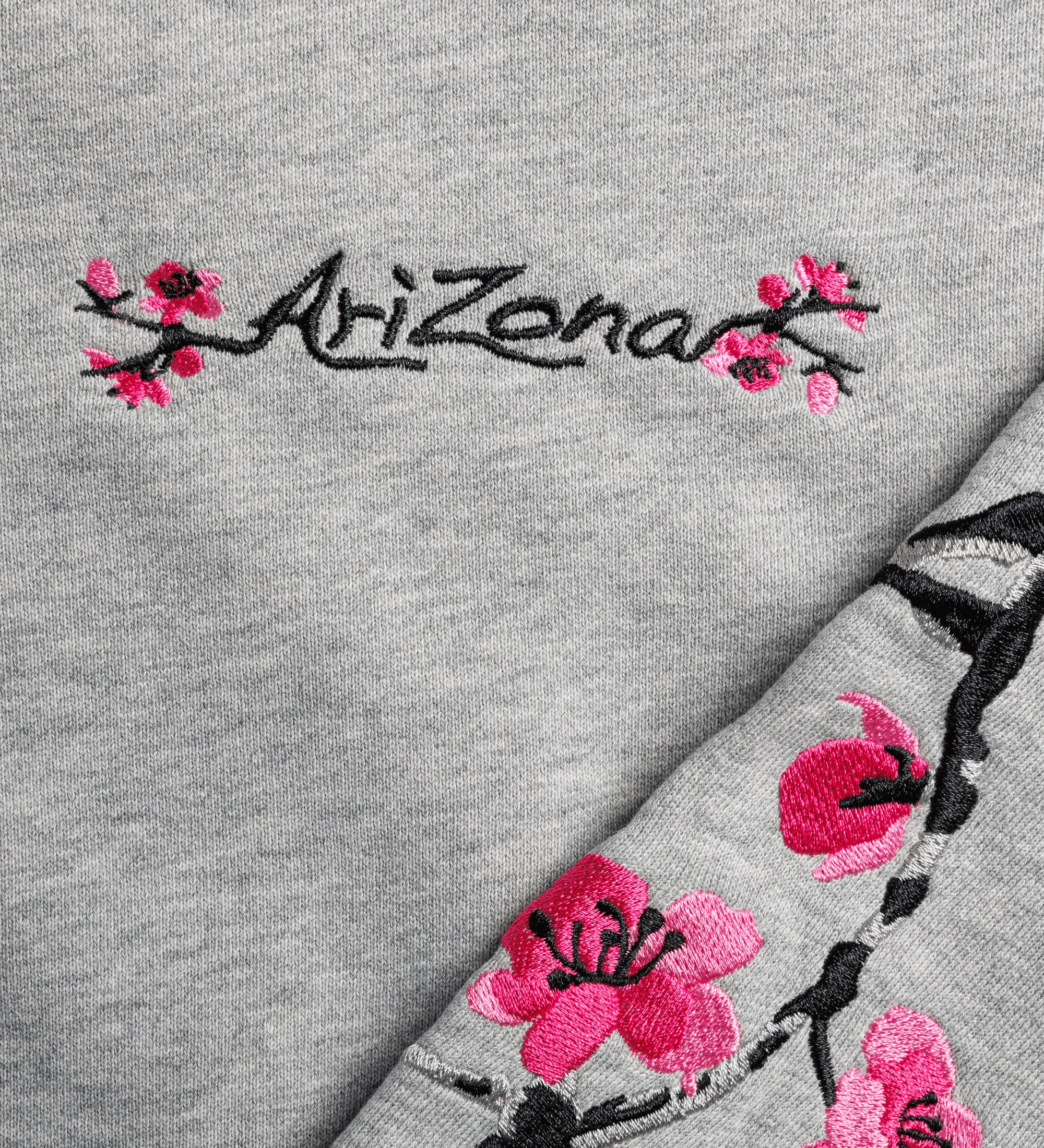 Gray Cherry Blossom-Embroidered Cotton Zip Hoodie