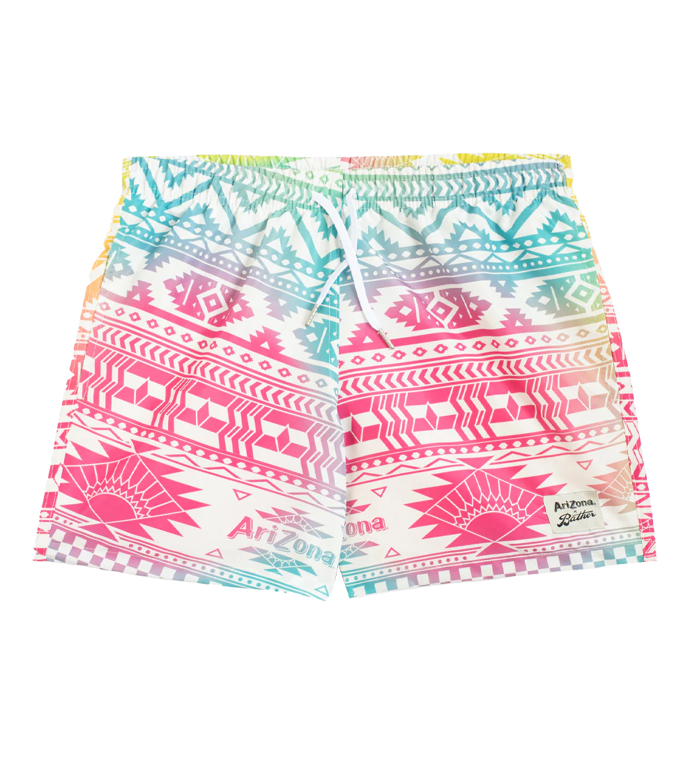 Pink Gradient Geometric Swim Trunks