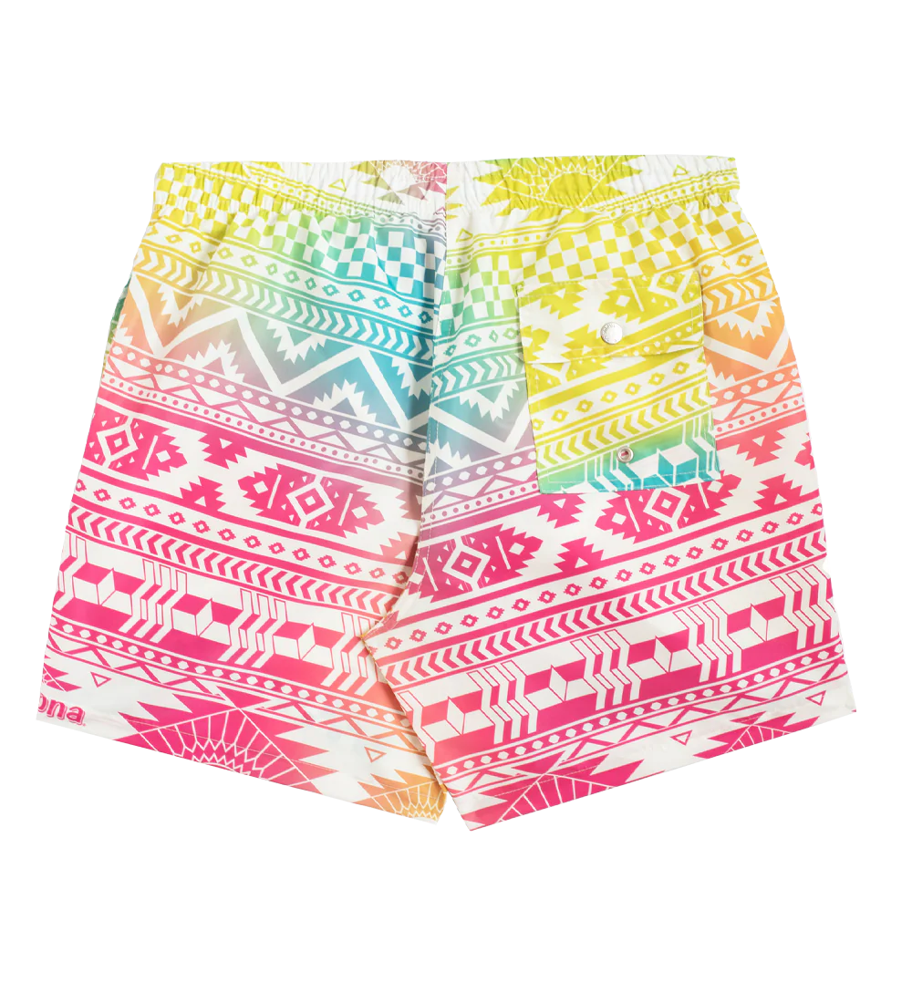 Pink Gradient Geometric Swim Trunks