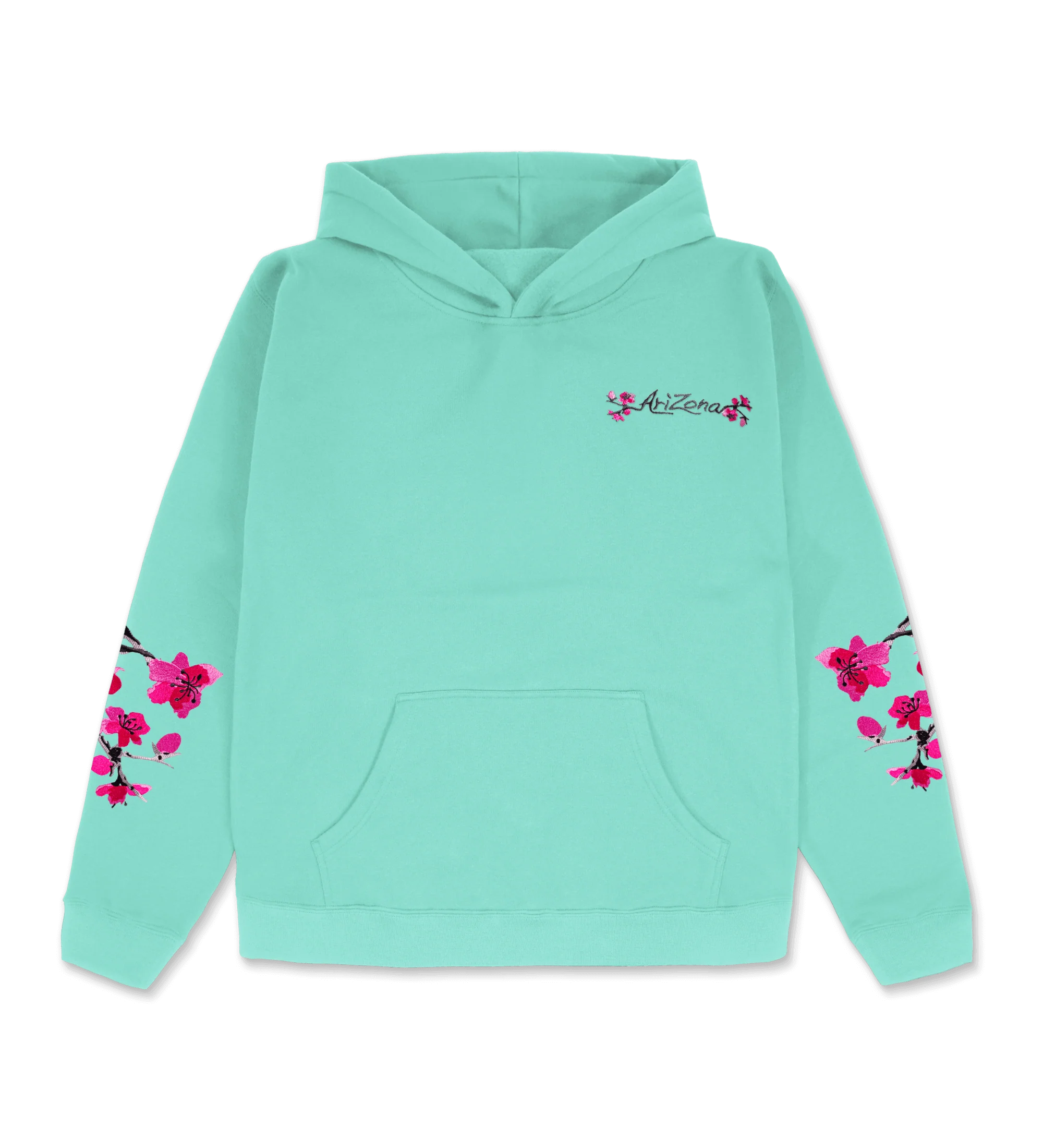 Heritage Teal Cherry Blossom-Embroidered Cotton Hoodie