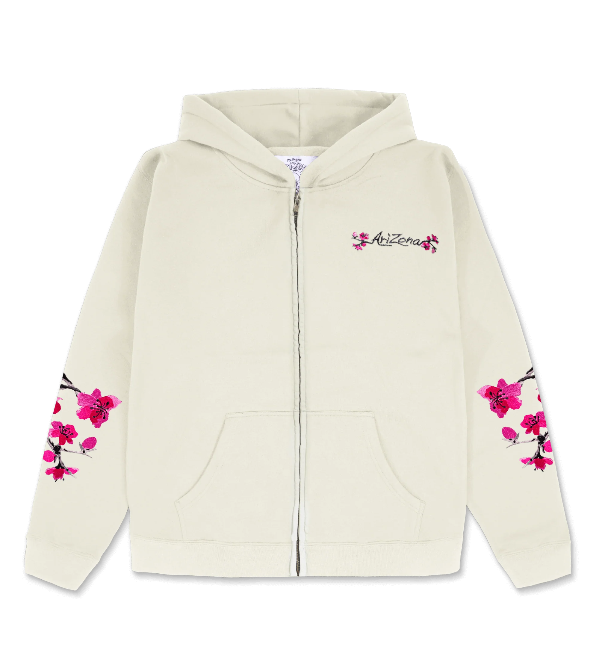 Ivory Cherry Blossom-Embroidered Cotton Zip Hoodie