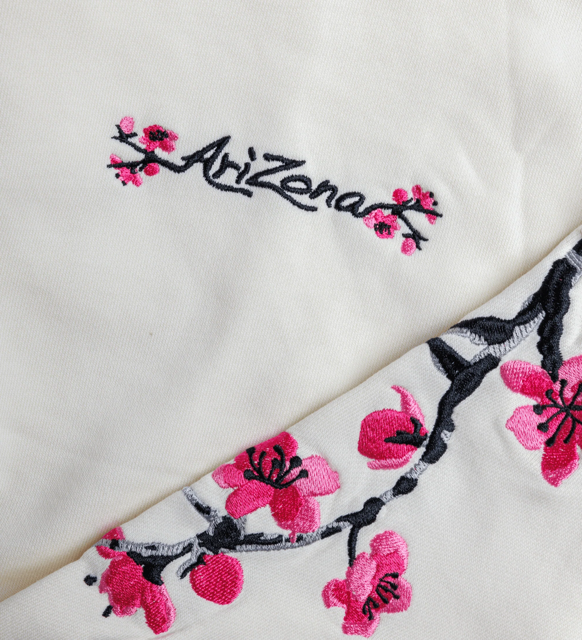 Ivory Cherry Blossom-Embroidered Cotton Zip Hoodie