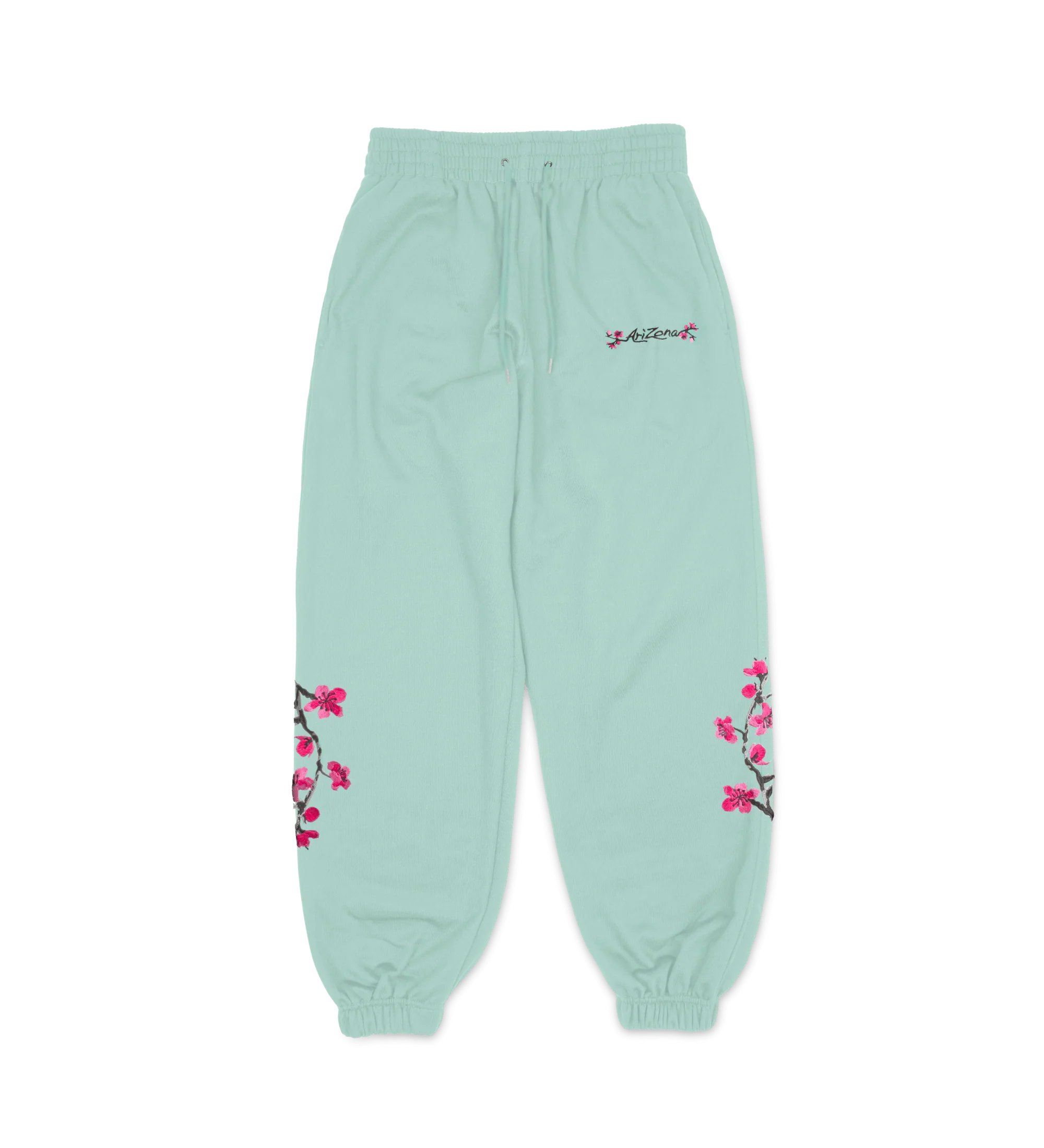 Teal Cherry Blossom-Embroidered Cotton Sweatpants